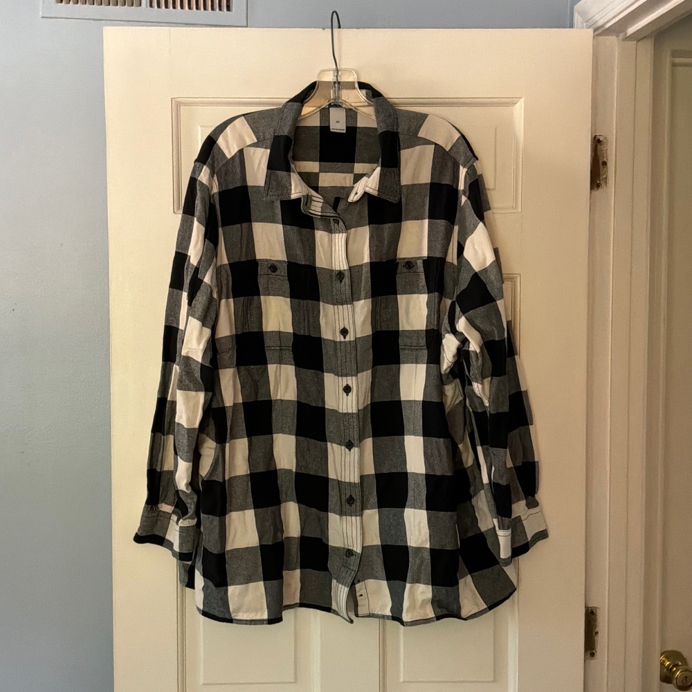 Duluth Trading Co Free Swingin Flannel Shirt Black White Plaid 3X Buffalo Check